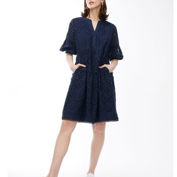 Chico's Navy Eyelet Smocked Tiered Dress Size 14 - Picture 1 of 12